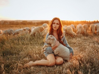 Обои Girl with Sheep 320x240
