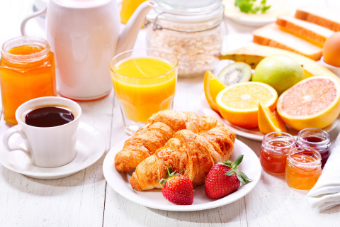 Breakfast with croissants and fruit wallpaper 480x320