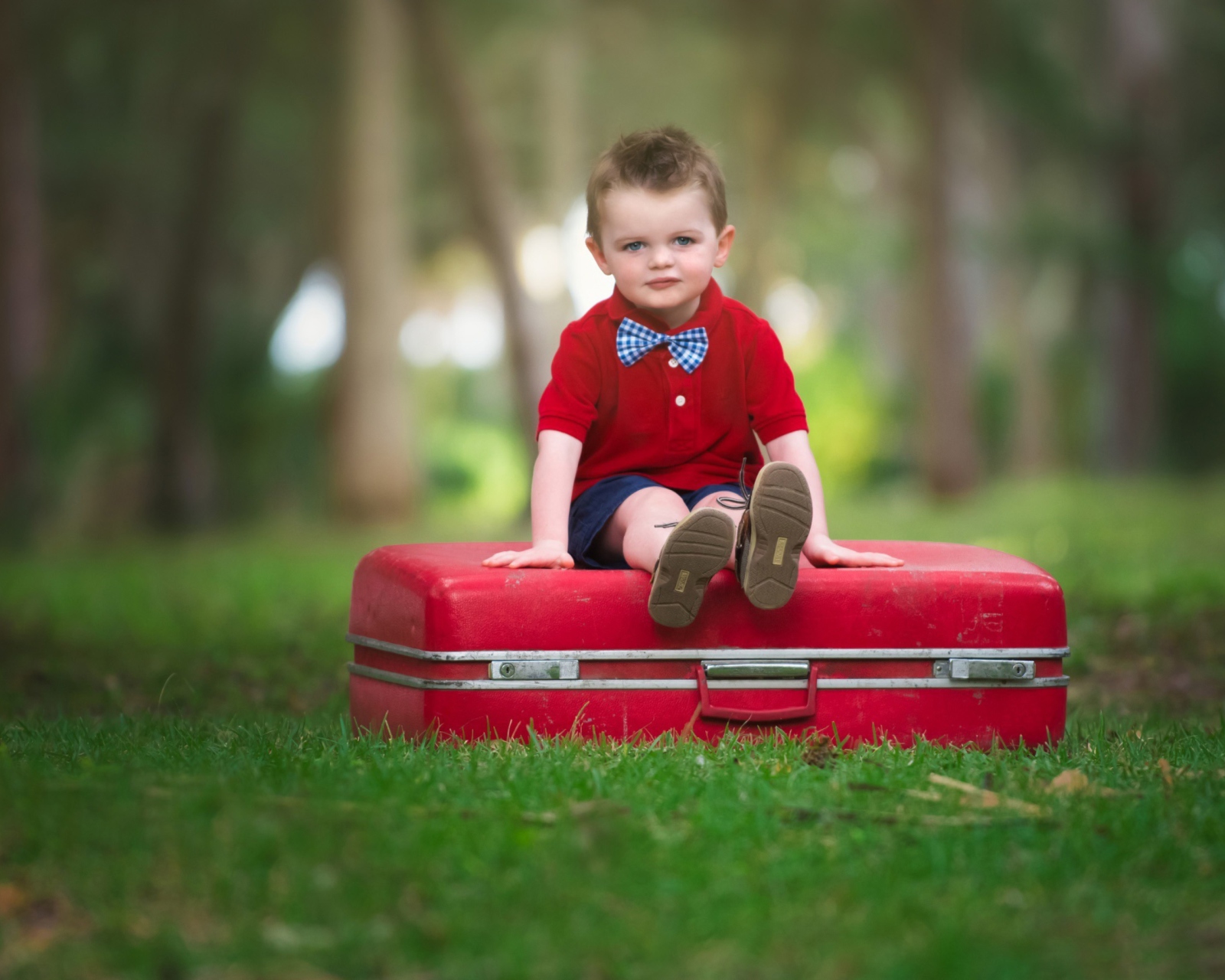 Обои Cute Boy Sitting On Red Luggage 1600x1280