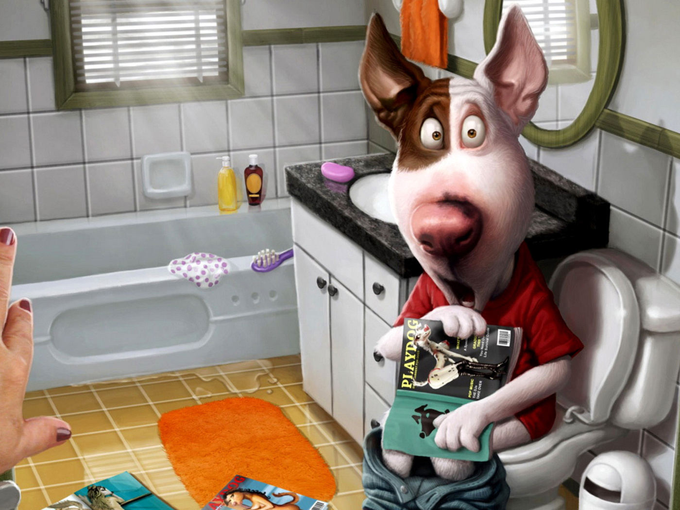 Comic Dog in Toilet with Magazine wallpaper 1400x1050