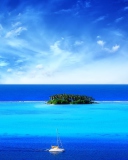 Sfondi Green Island In Middle Of Blue Ocean And White Boat 128x160