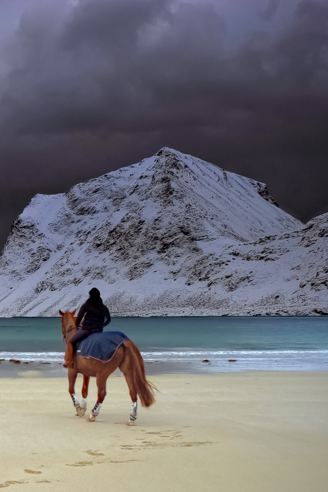 Fondo de pantalla Horse Riding On Beach 640x960
