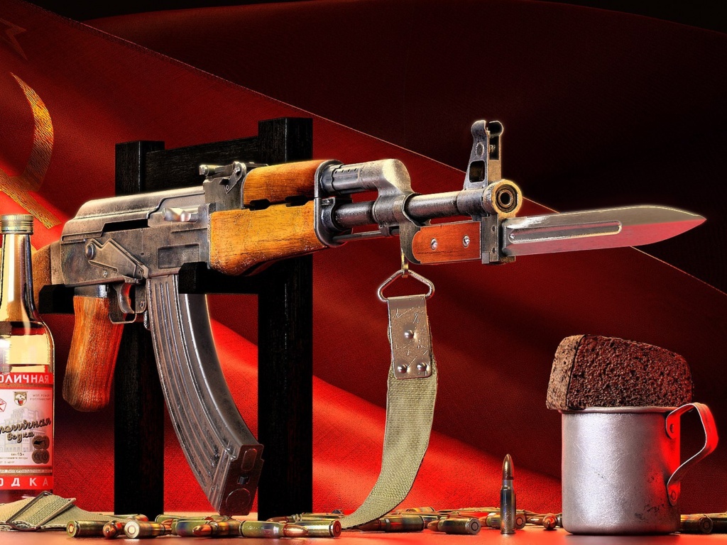 Ak 47 assault rifle and vodka wallpaper 1024x768