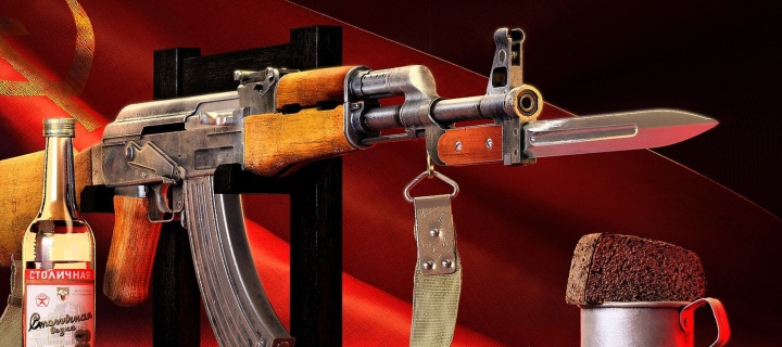 Das Ak 47 assault rifle and vodka Wallpaper 720x320