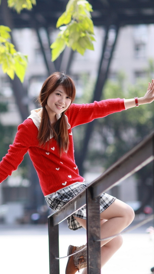 Pretty Asian Girl In Red Jumper wallpaper 640x1136