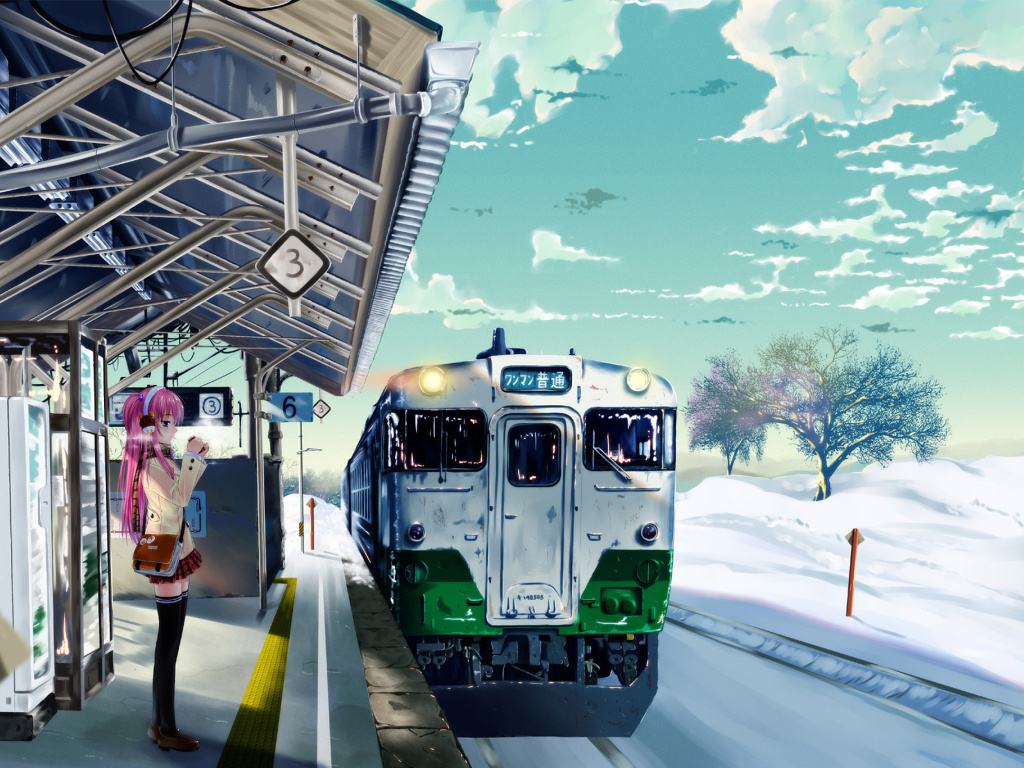 Обои Anime Girl on Snow Train Stations 1024x768