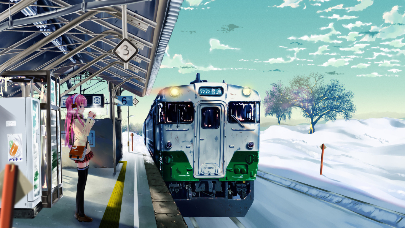 Das Anime Girl on Snow Train Stations Wallpaper 1366x768