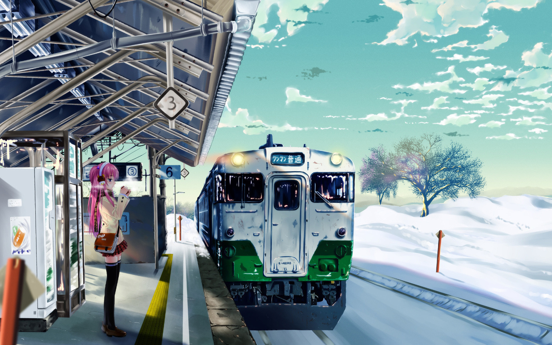 Обои Anime Girl on Snow Train Stations 1920x1200