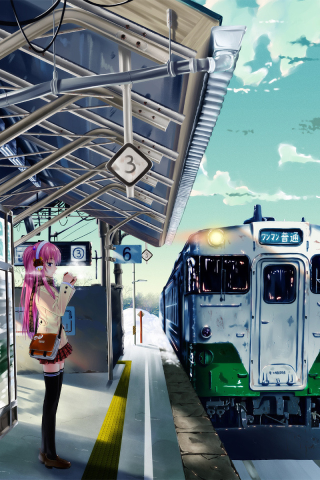 Обои Anime Girl on Snow Train Stations 640x960