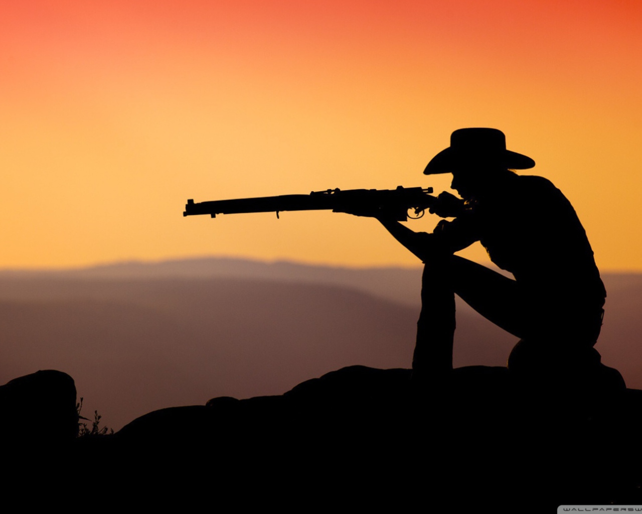 Обои Cowboy Shooting In The Sunset 1280x1024