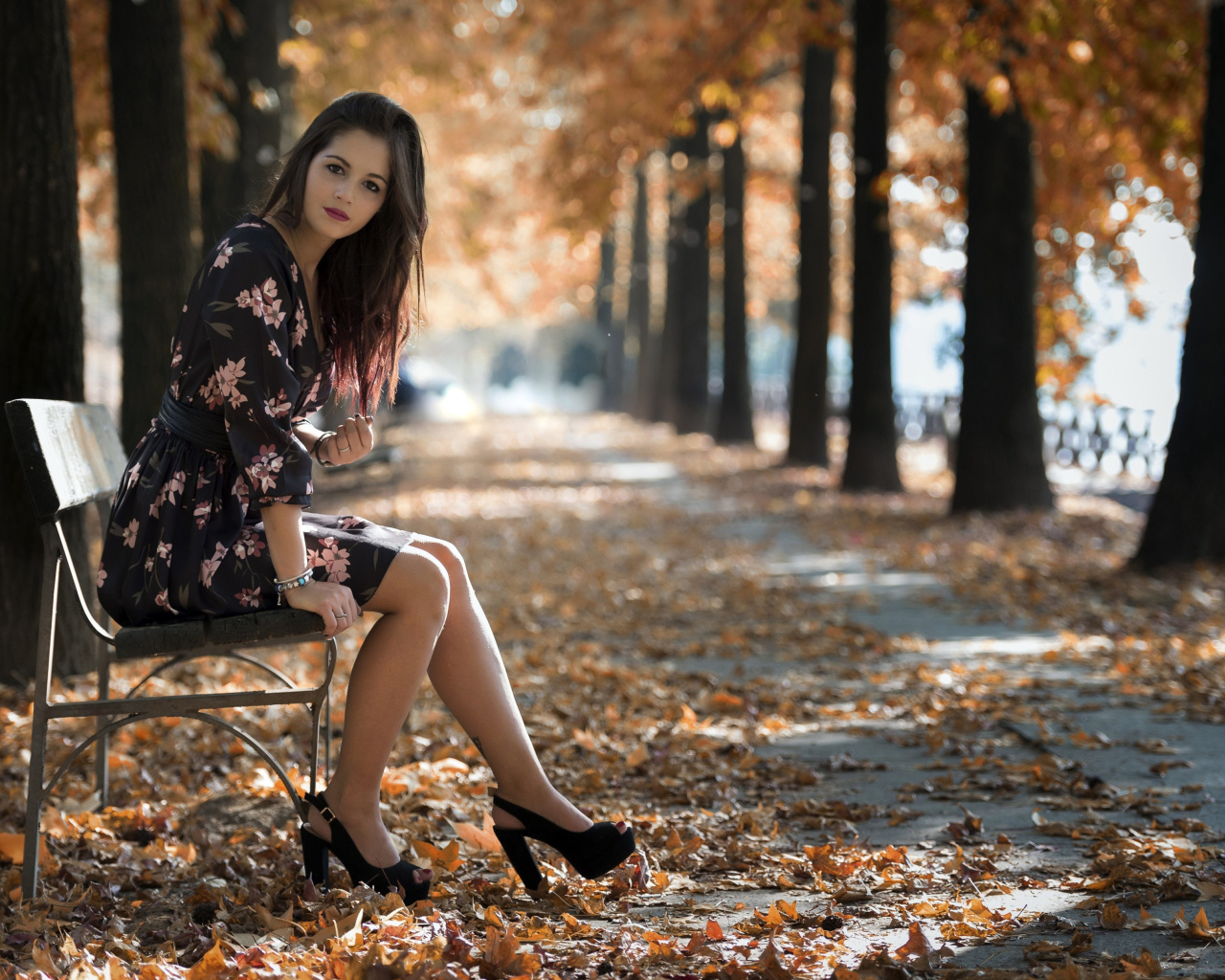Das Caucasian joy girl in autumn park Wallpaper 1280x1024