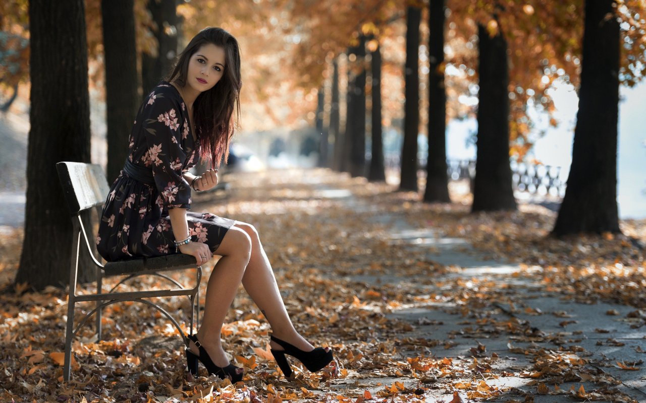 Caucasian joy girl in autumn park wallpaper 1280x800