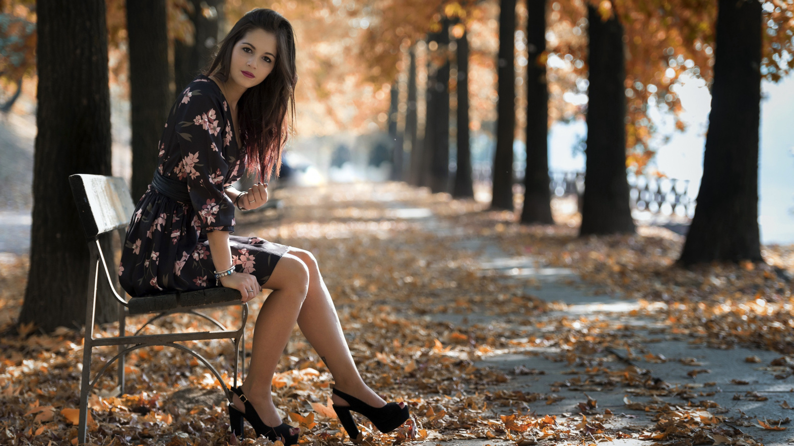 Обои Caucasian joy girl in autumn park 1600x900