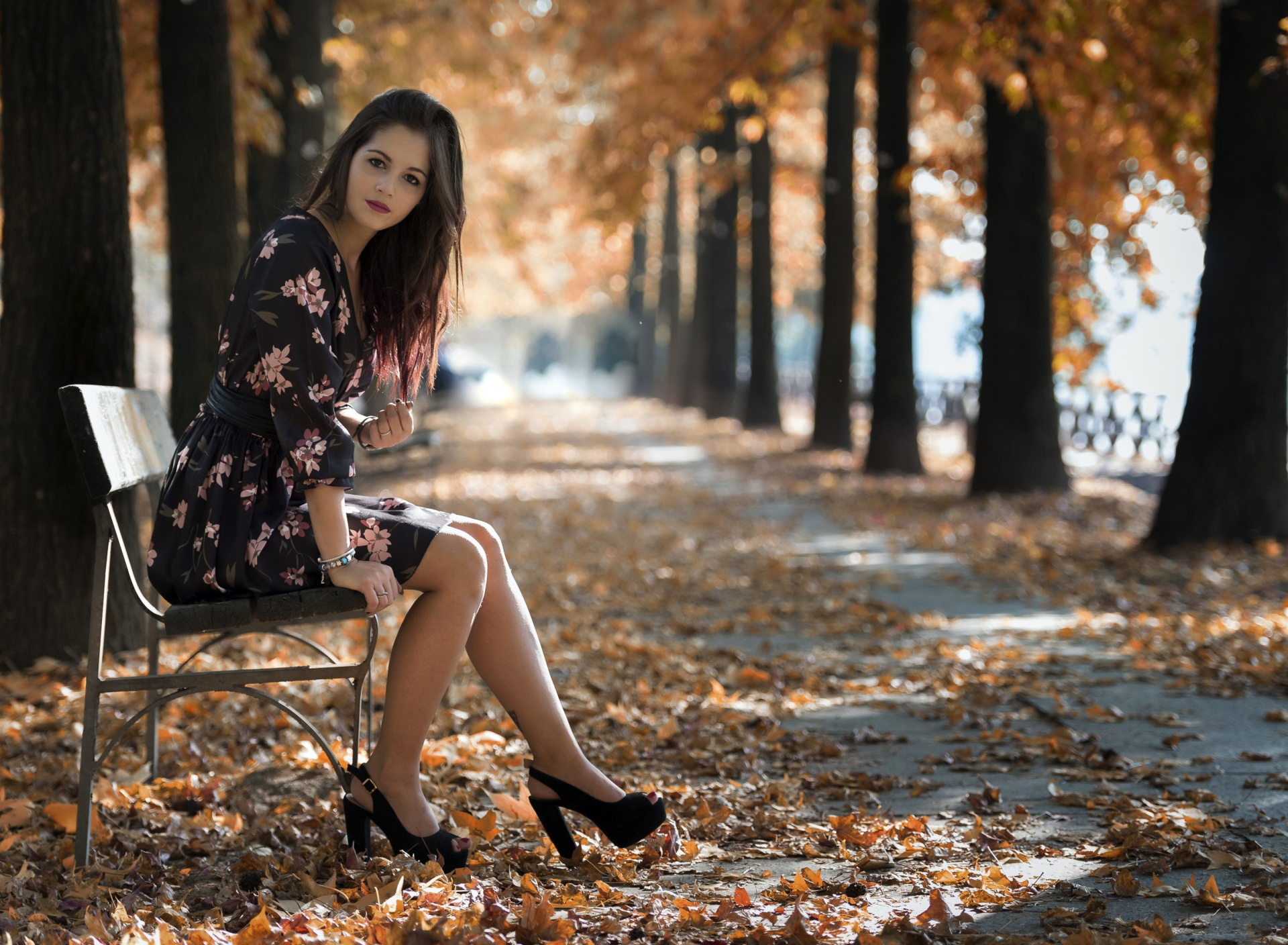 Обои Caucasian joy girl in autumn park 1920x1408