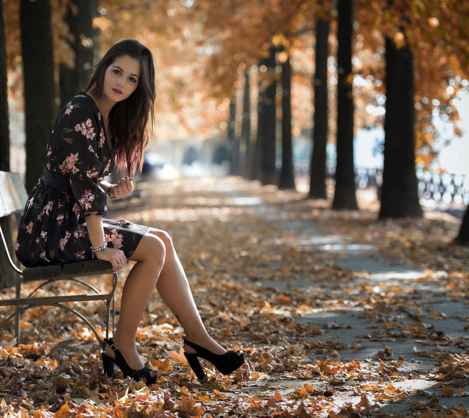 Обои Caucasian joy girl in autumn park 960x854