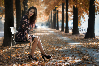 Обои Caucasian joy girl in autumn park для андроид