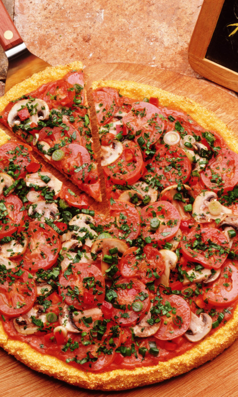 Pizza With Tomatoes And Mushrooms wallpaper 480x800