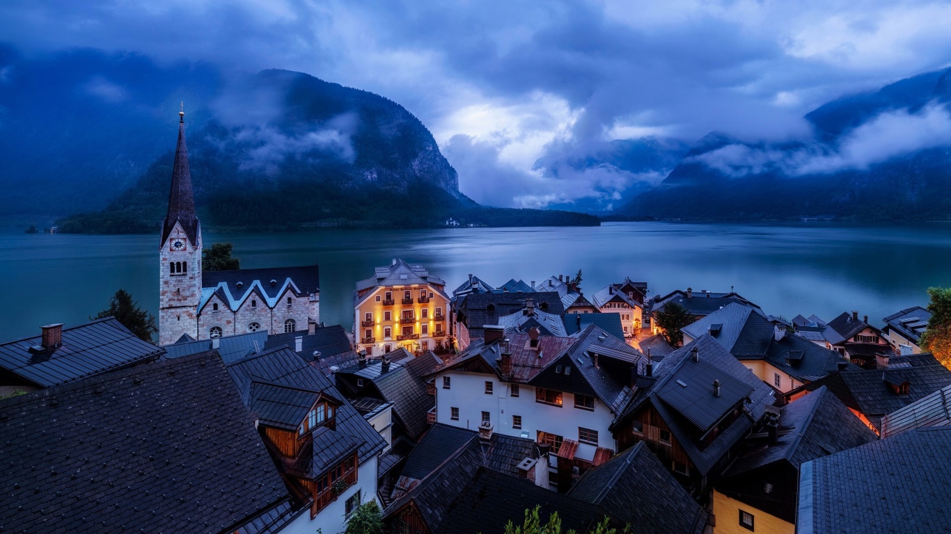 Sfondi Hallstatt Austria Mist City 1366x768