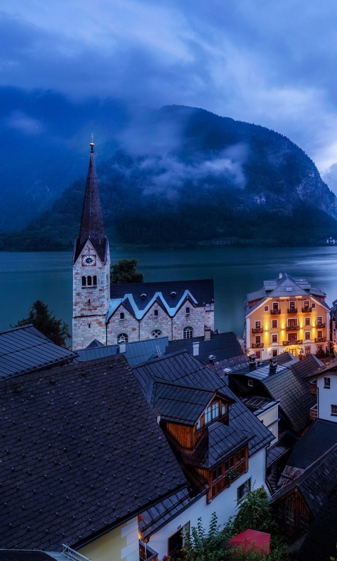 Hallstatt Austria Mist City wallpaper 480x800