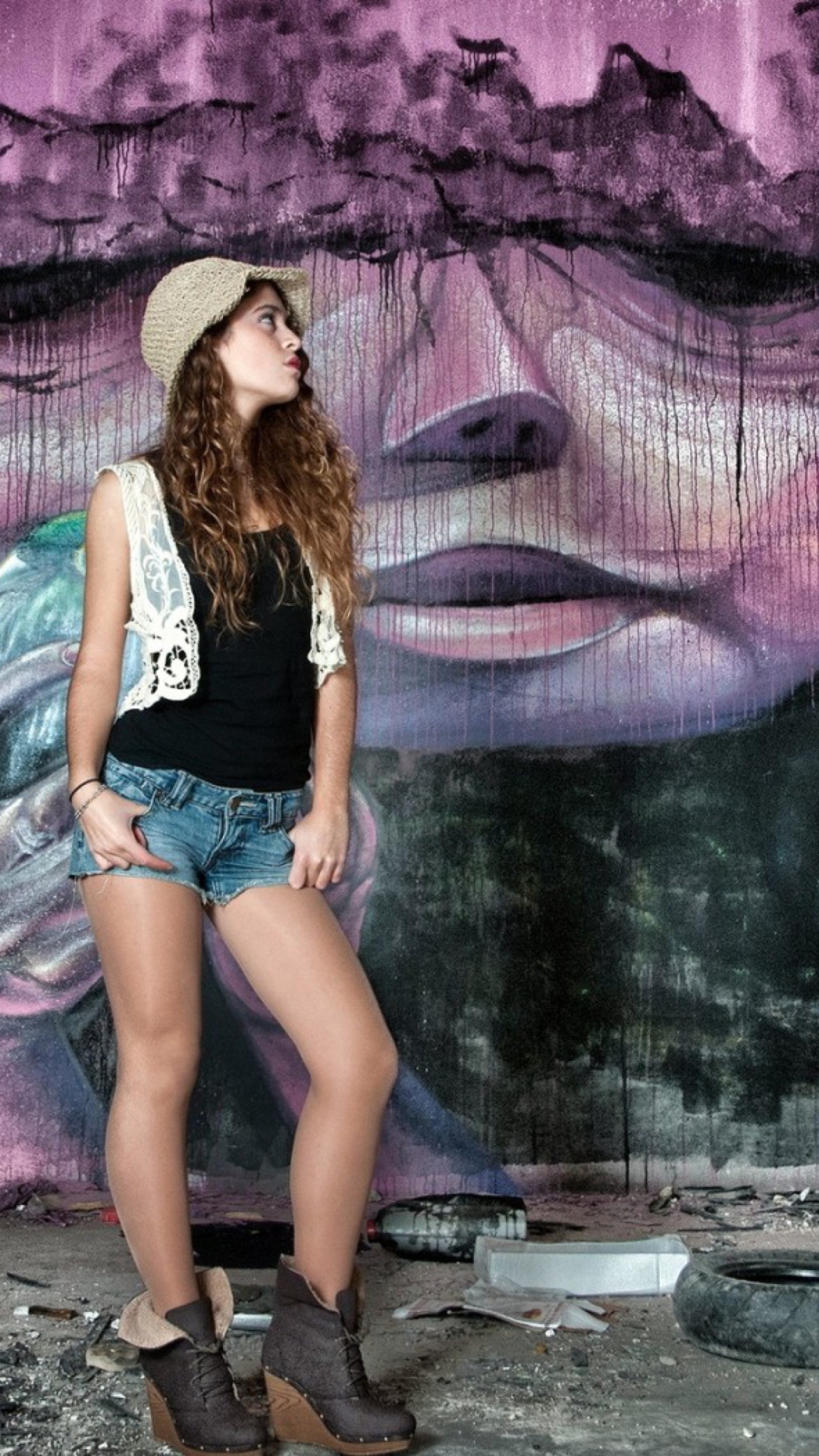 Das Girl In Front Of Graffiti Wall Wallpaper 1080x1920