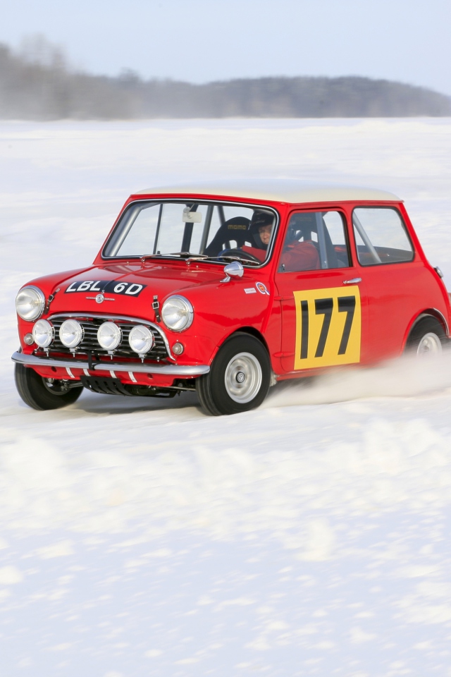 Red Mini In Snow wallpaper 640x960