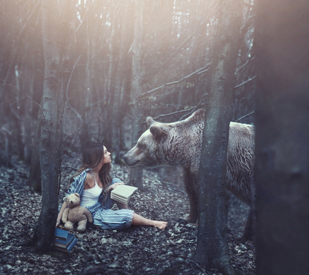 Fondo de pantalla Girl And Two Bears In Forest By Rosie Hardy Photographer 1080x960