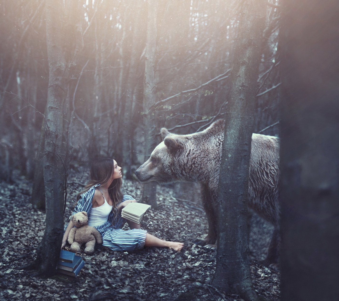 Girl And Two Bears In Forest By Rosie Hardy Photographer wallpaper 1440x1280