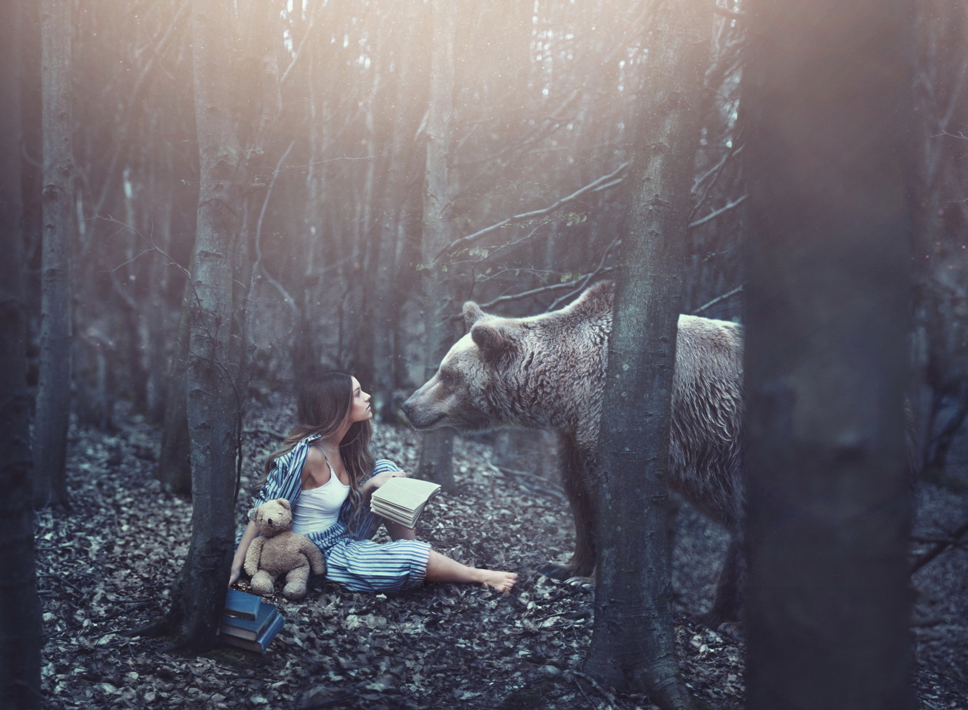 Обои Girl And Two Bears In Forest By Rosie Hardy Photographer 1920x1408