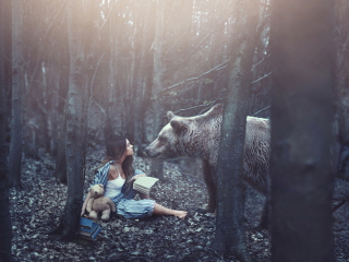 Das Girl And Two Bears In Forest By Rosie Hardy Photographer Wallpaper 320x240