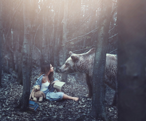 Sfondi Girl And Two Bears In Forest By Rosie Hardy Photographer 480x400