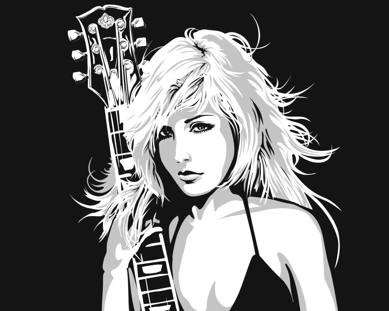 Обои Black And White Drawing Of Guitar Girl 1280x1024