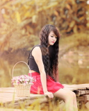 Sad Asian Girl With Flower Basket screenshot #1 128x160