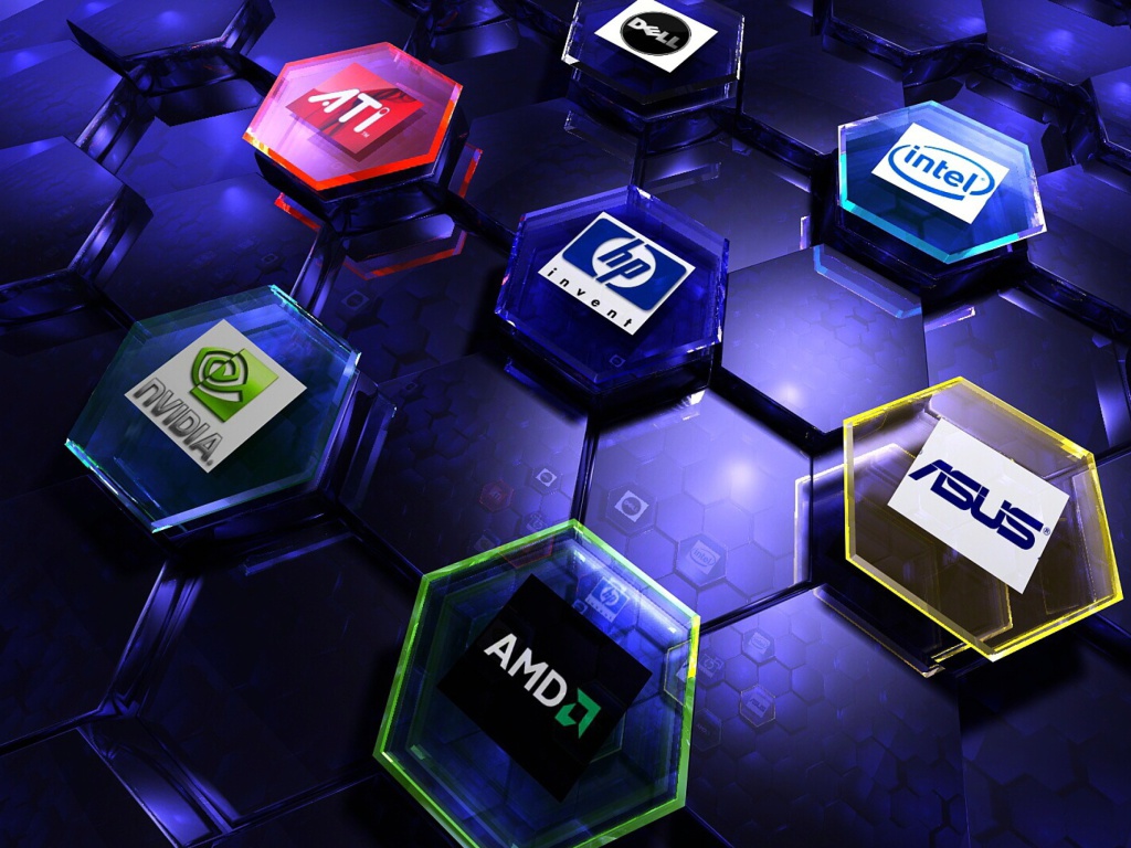 Обои Hi-Tech Logos: AMD, HP, Ati, Nvidia, Asus 1024x768