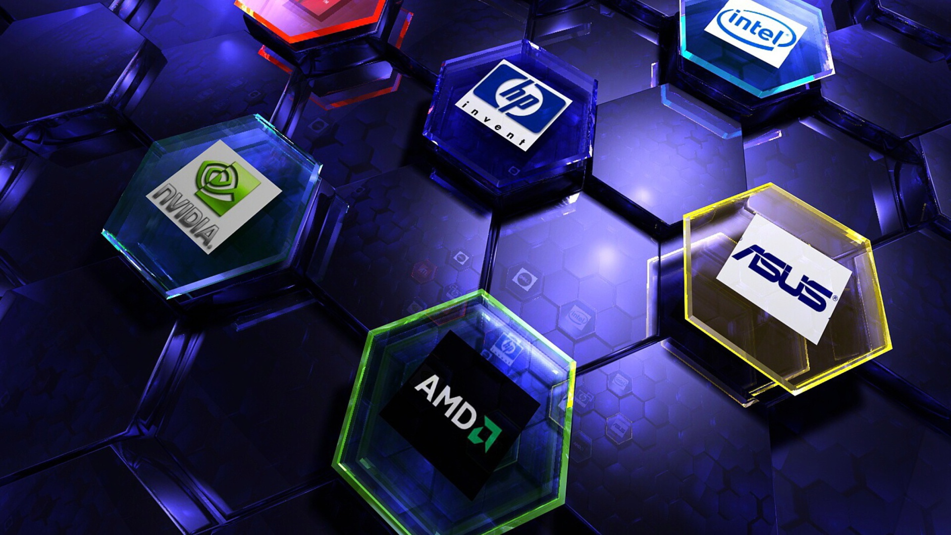 Обои Hi-Tech Logos: AMD, HP, Ati, Nvidia, Asus 1920x1080