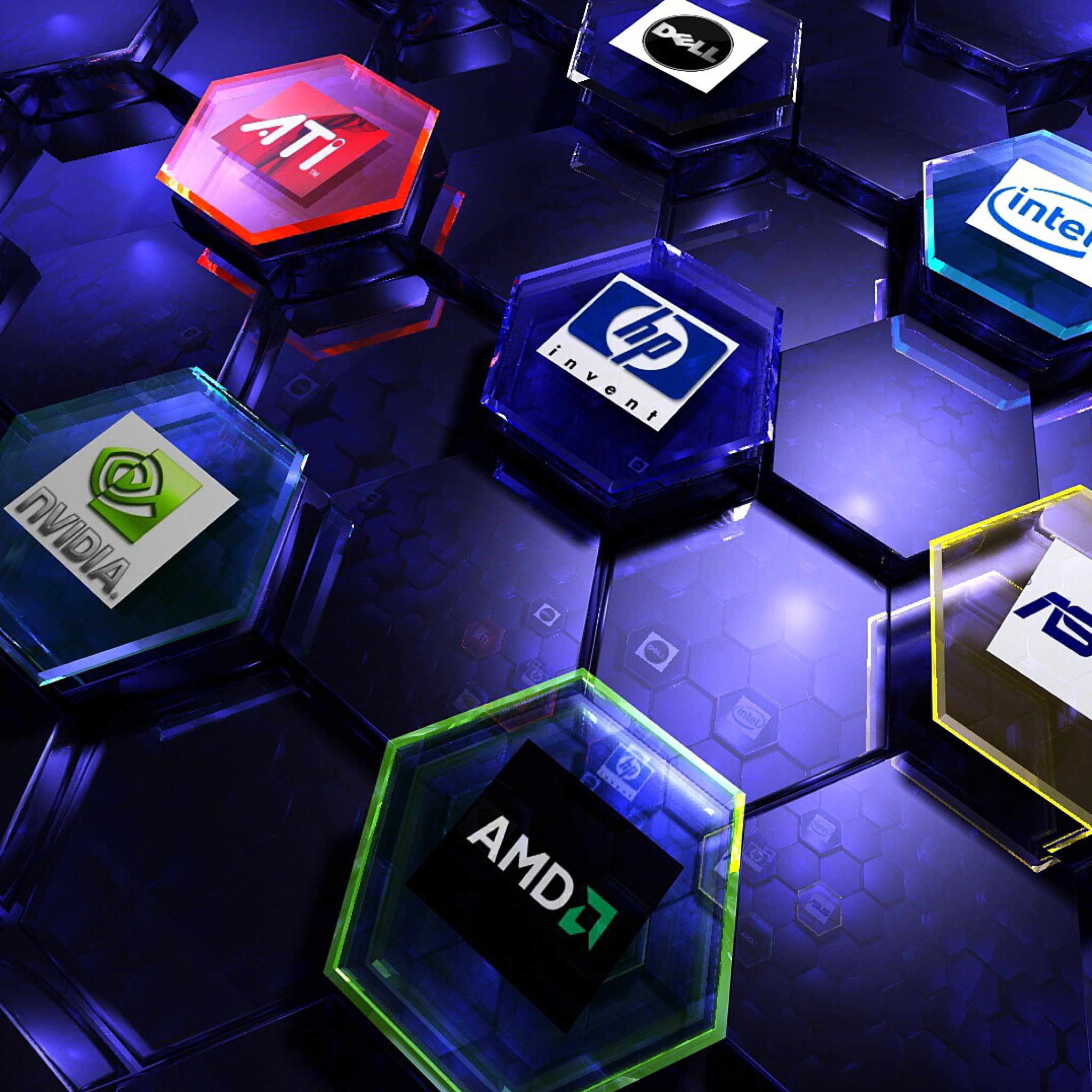 Hi-Tech Logos: AMD, HP, Ati, Nvidia, Asus wallpaper 2048x2048