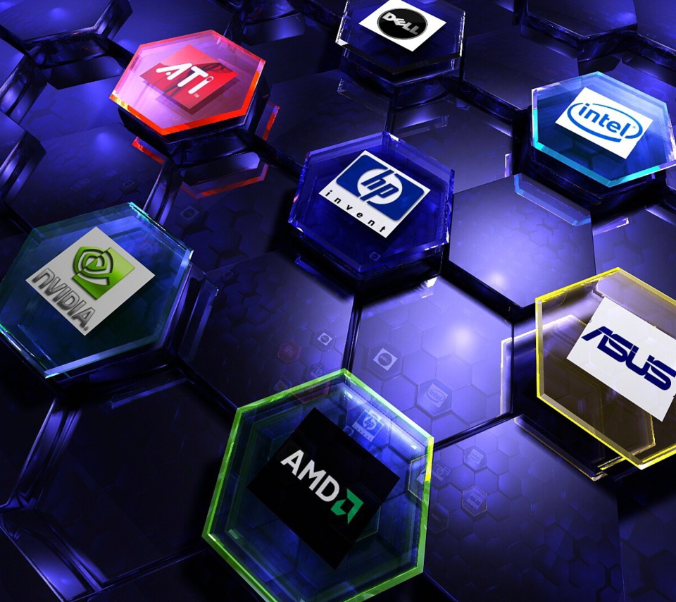 Das Hi-Tech Logos: AMD, HP, Ati, Nvidia, Asus Wallpaper 960x854