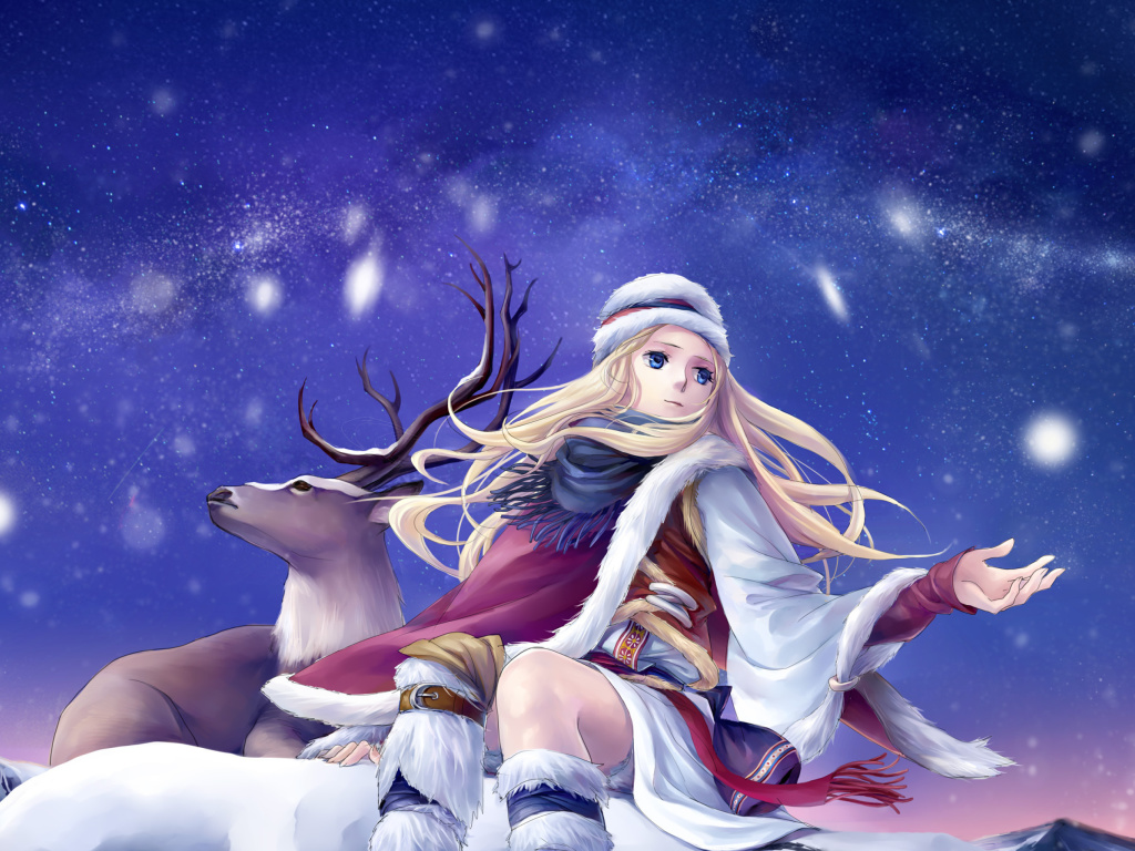 Das Anime Girl with Deer Wallpaper 1024x768