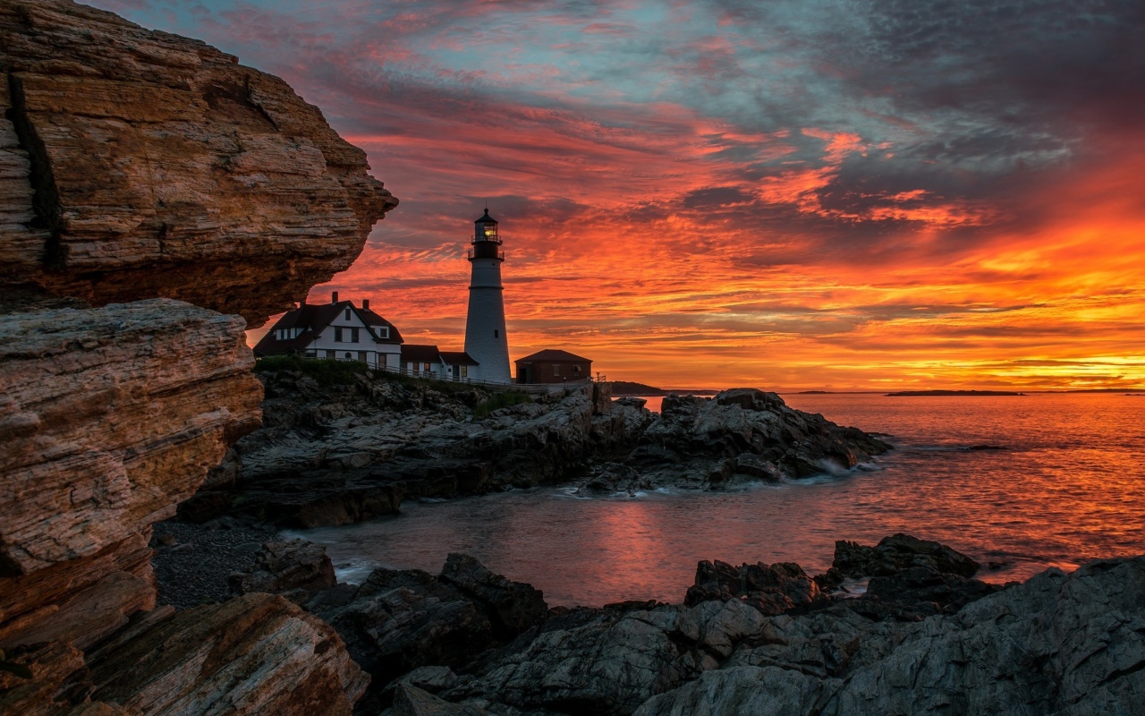 Fondo de pantalla Sunset and lighthouse 1280x800