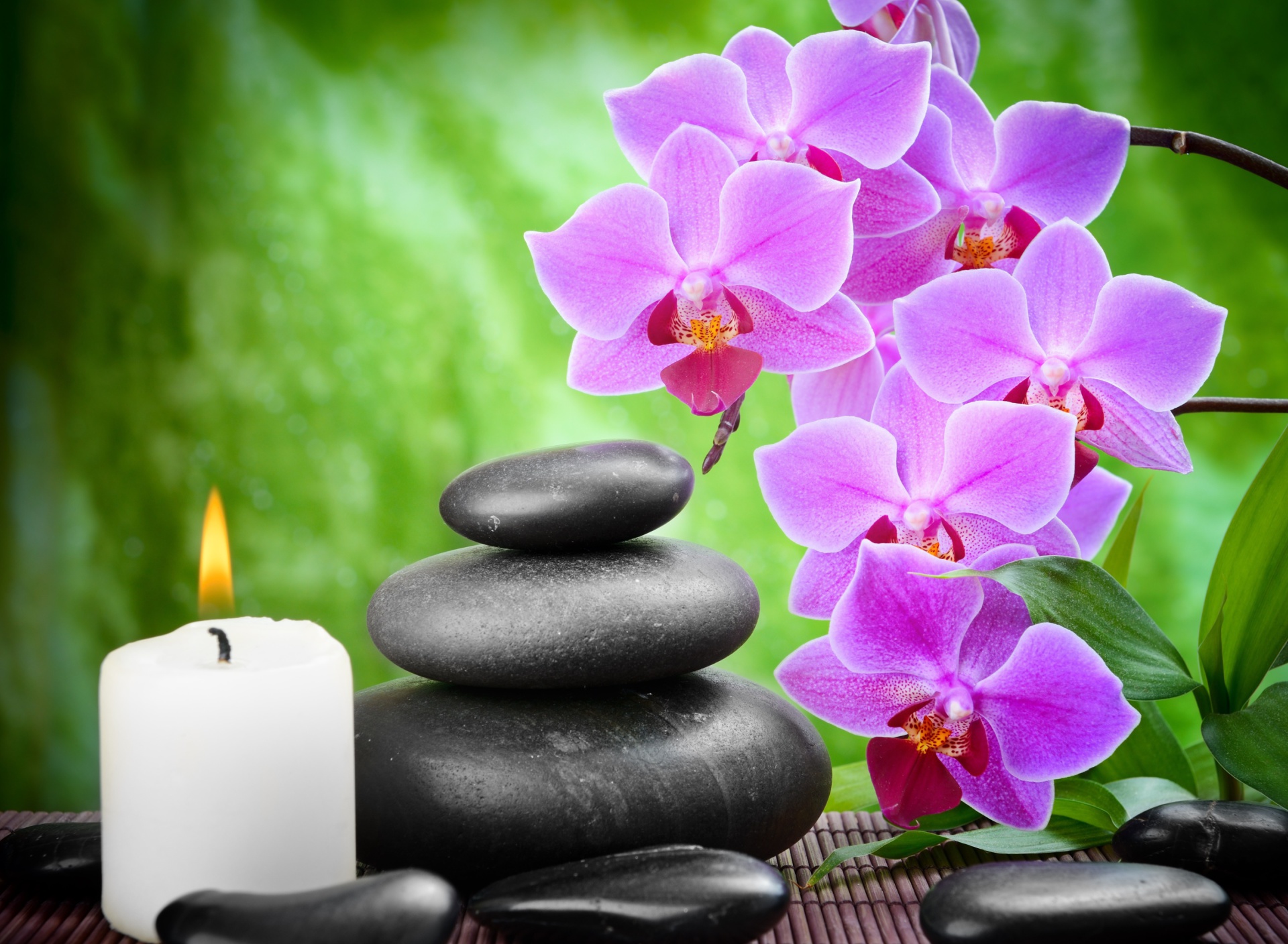 Pebbles, candles and orchids wallpaper 1920x1408