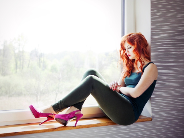 Beautiful Redhead Model And Window wallpaper 640x480