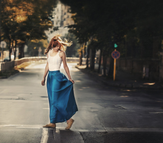 Girl In Long Blue Skirt On Street Wallpaper for 128x128