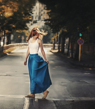 Girl In Long Blue Skirt On Street Background for 768x1280