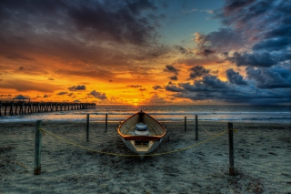 Boat On Beach At Sunset Hdr Background for Android, iPhone and iPad