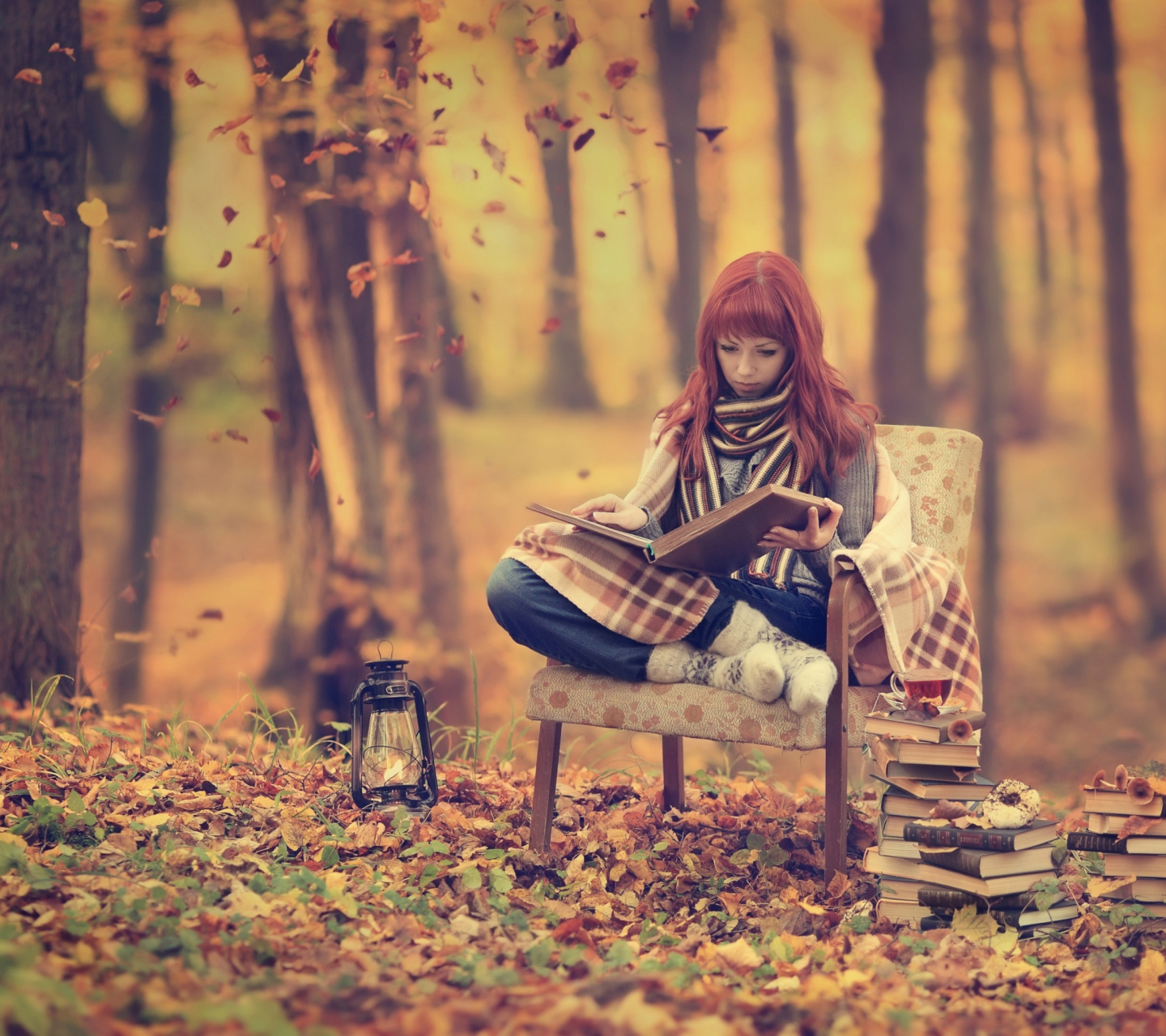Das Girl Reading Old Books In Autumn Park Wallpaper 1440x1280