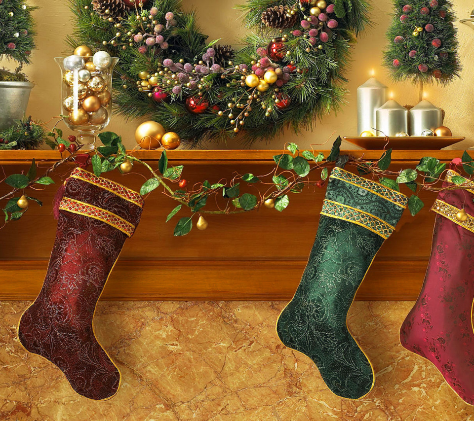 Christmas stocking on fireplace wallpaper 960x854