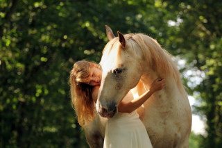 Blonde Girl And Horse Picture for Android, iPhone and iPad