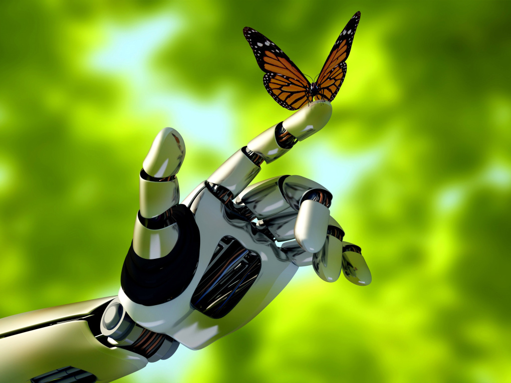 Обои Robot hand and butterfly 1024x768
