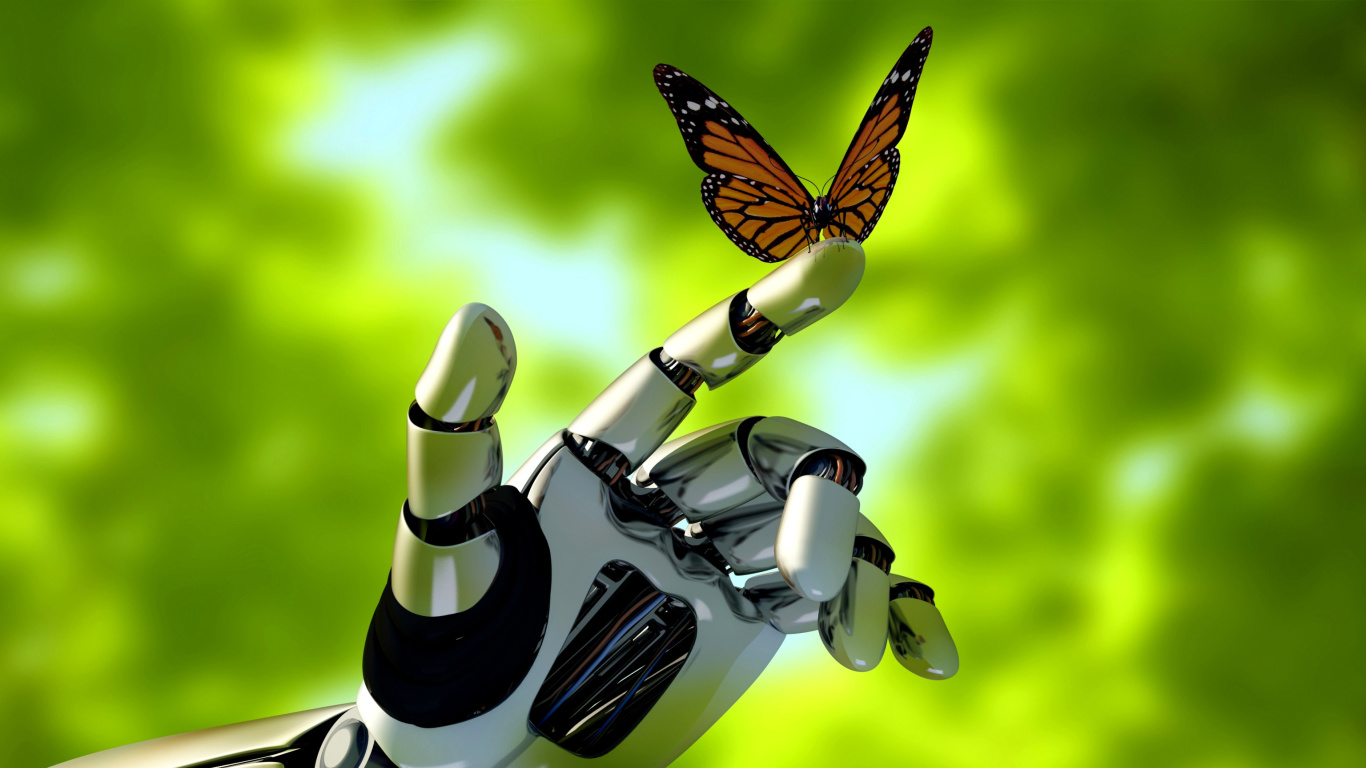 Обои Robot hand and butterfly 1366x768