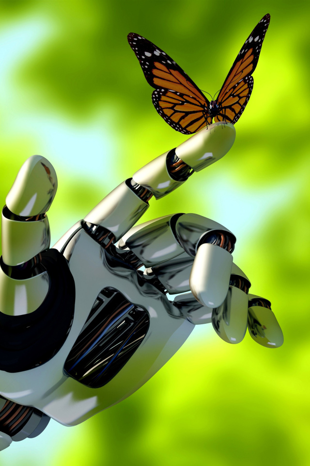 Обои Robot hand and butterfly 640x960
