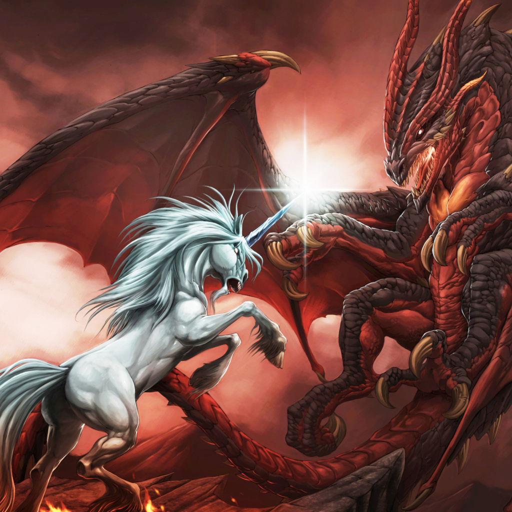Обои Unicorn And Dragon 1024x1024